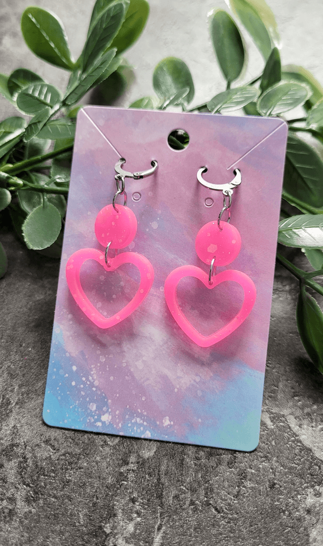 Earrings | Pink Glitter Hearts | Stainless Steel Hoops