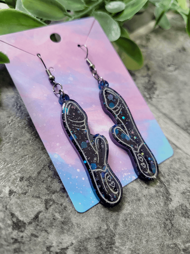 Earrings | Midnight Navy Blue Black Glitter Rabbit Vibrator Earrings | Stainless Steel Hooks