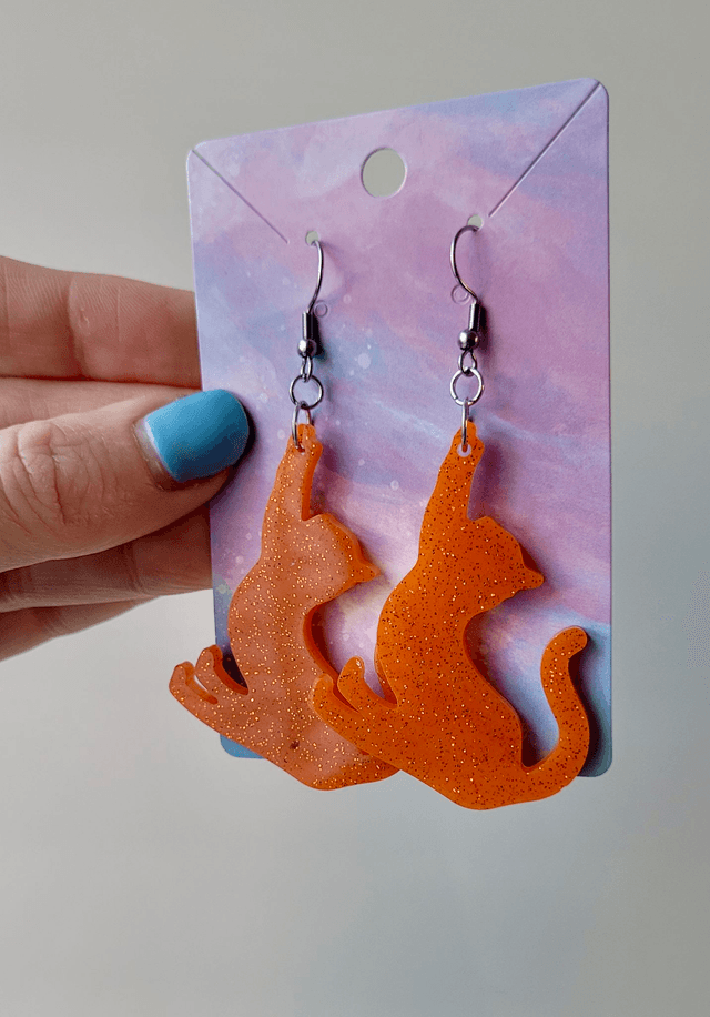 Earrings | Orange Glitter Ginger Cats Stretching | Cat Stainless Steel Hoops or Hooks