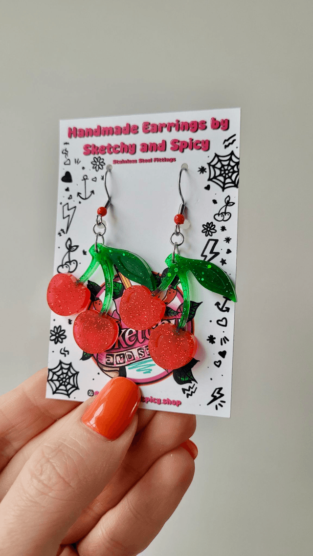 Earrings | Cherries - Red & Green glitter cherry earrings | Stainless Steel Hooks