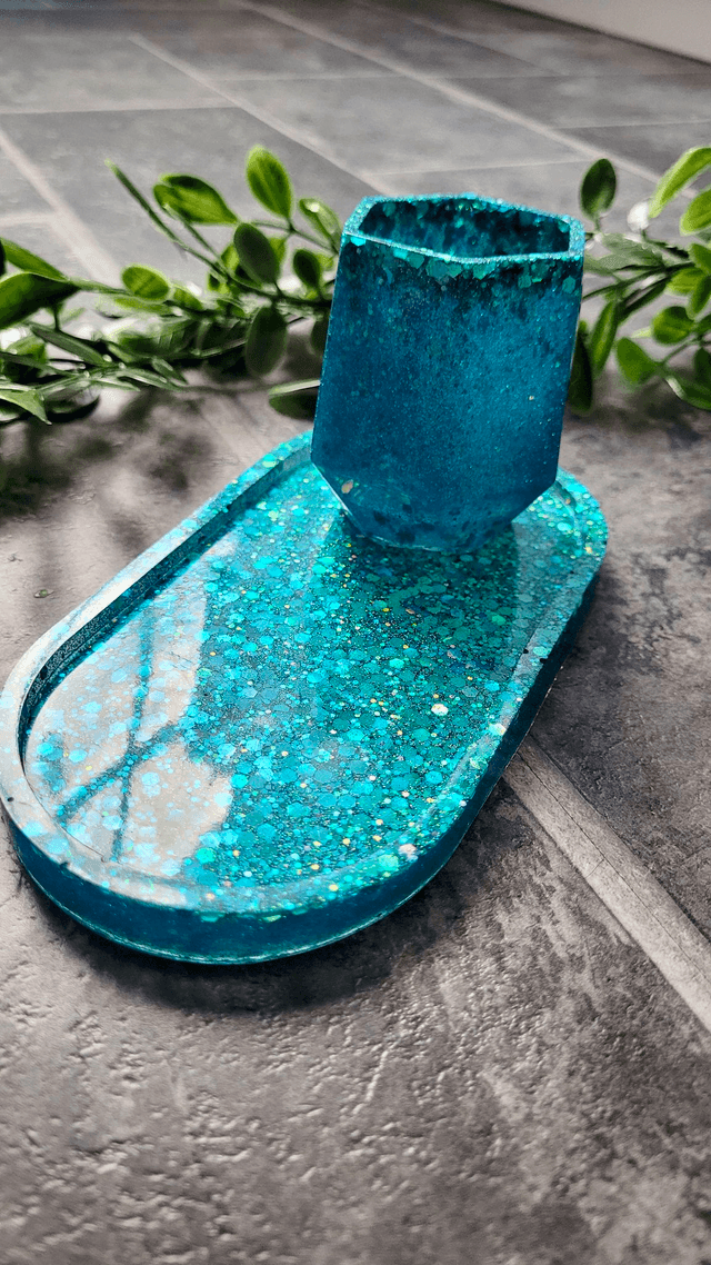 Trinket Tray & Pot Set - Blue Teal Holographic Glitter