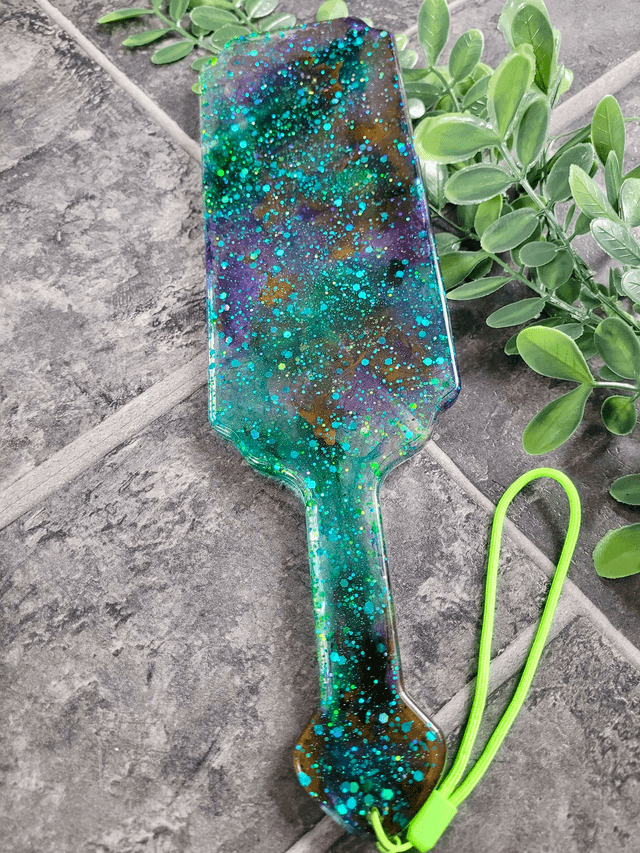 Handmade Resin Paddle – Green Purple Glitter Swirl with Neon Strap | Alt Decor or Kinky Gift