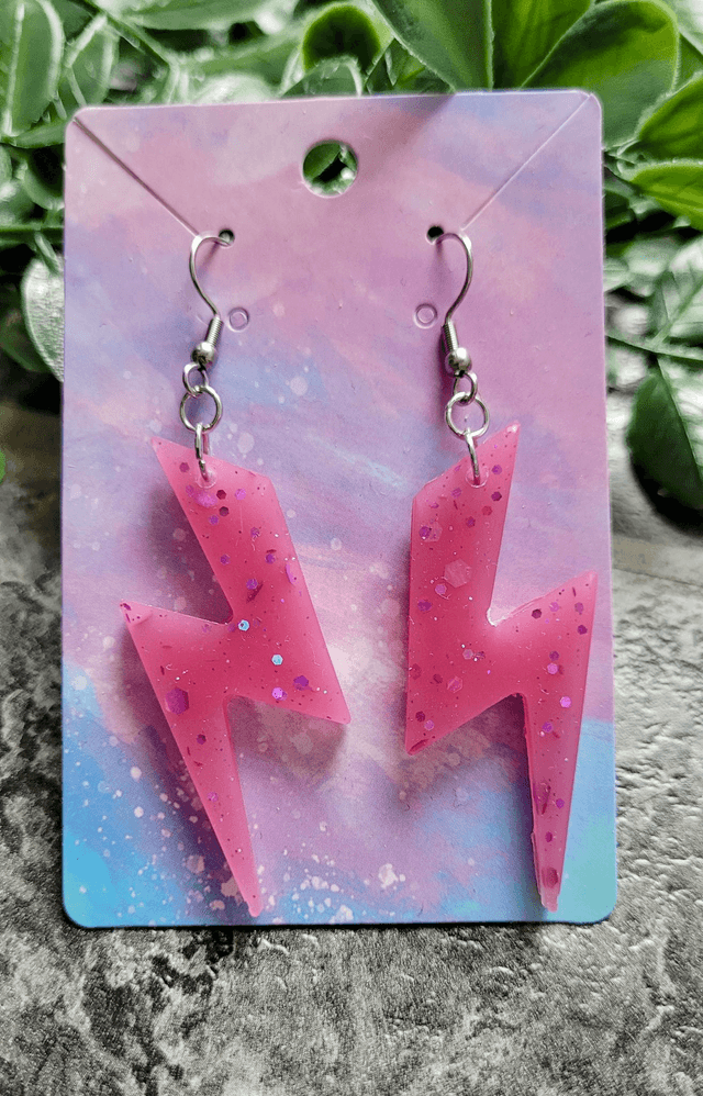 Earrings - Pink Sparkle Lightning Bolt Earrings | Stainless Steel Shepherd Hooks