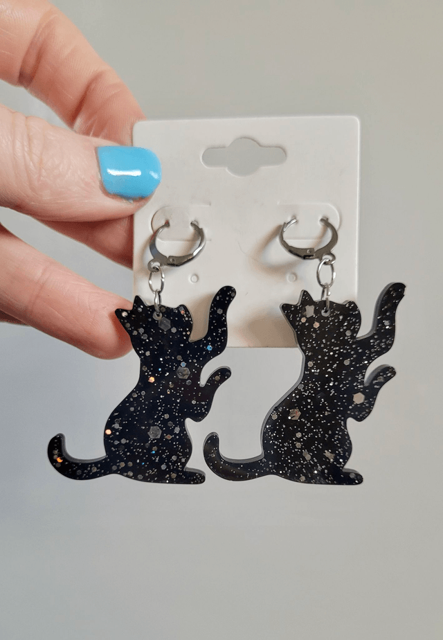Earrings | Black Cats Reaching with Silver Glitter Sparkle | Witch Cat Stainless Steel Hoops