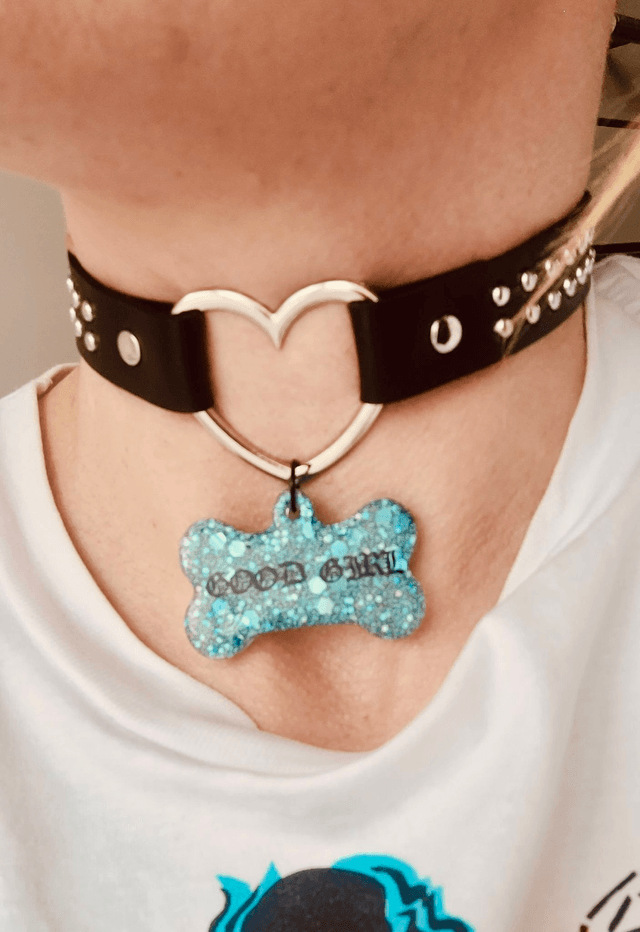 Choker - Black Faux Leather Chokers with Metal O-Ring and Resin Tags