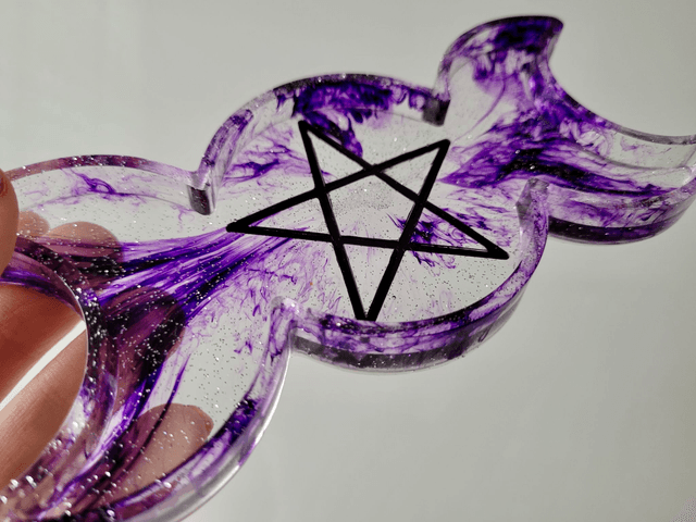 Trinket Tray - Triple Moon Phase Pentacle - Purple Swirl Glitter