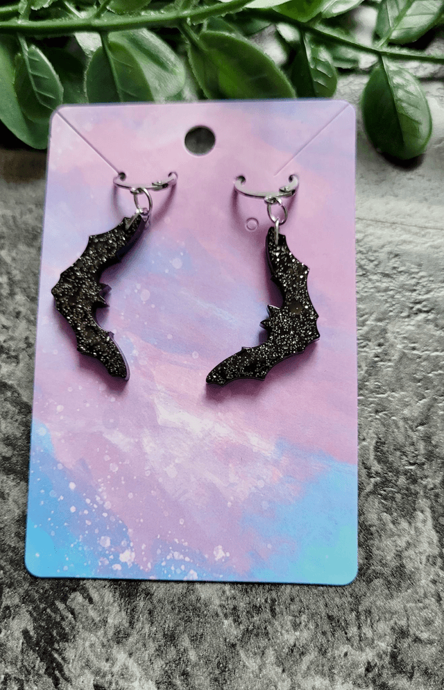 Earrings | Glittery Bats - Black Bats with Silver Glitter Sparkle | Stainless Steel Hoops