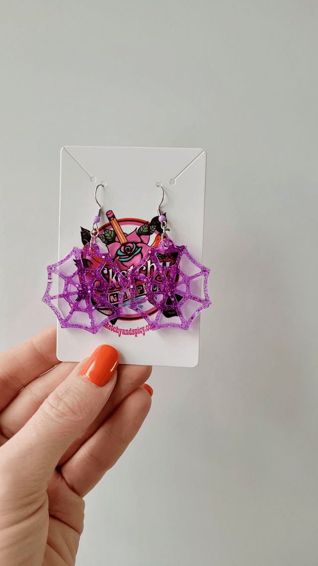 Earrings | Purple Glitter Spiderwebs | Stainless Steel Hooks
