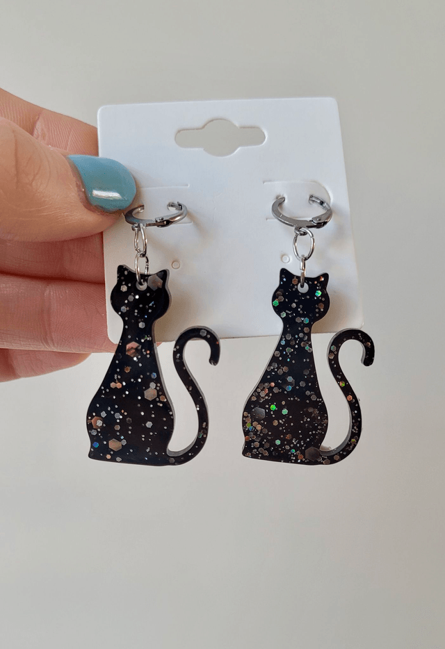 Earrings | Black Cats Sitting with tail up - with Silver Glitter Sparkle | Witch Cat Stainless Steel Hoops