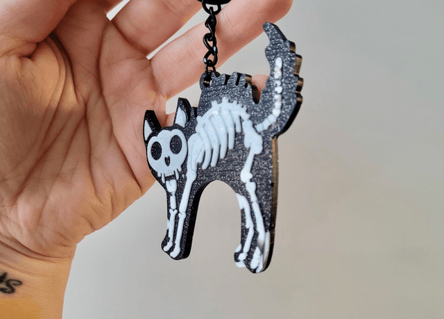 Black & White Glitter Skeleton Cat Keychain - Hellcat Keyring
