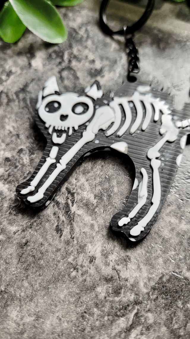 Black & White Glitter Skeleton Cat Keychain - Hellcat Keyring (1)