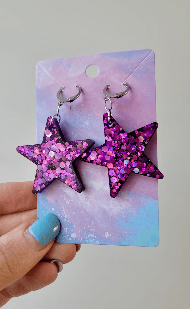 Earrings | Purple Star - Pink & Purple Holographic Glitter Star Earrings| Stainless Steel Hooks or Hoops