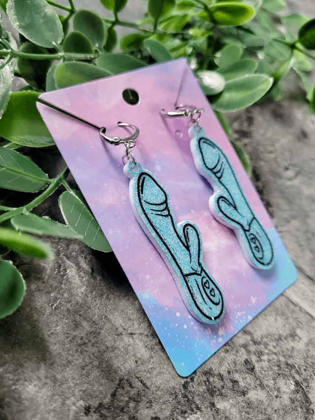 Earrings | Light Blue Glitter Rabbit Vibrator Earrings | Stainless Steel Hoops
