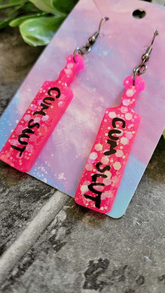 Earrings | CUM SLUT Bright Pink Glitter Paddle Earrings | Stainless Steel Gunmetal Black Hooks