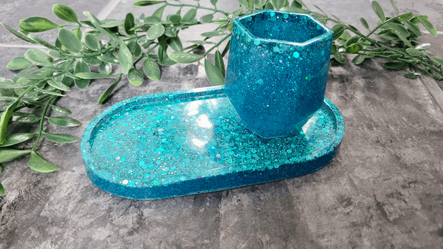 Trinket Tray & Pot Set - Blue Teal Holographic Glitter