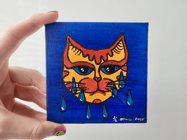 Original Mini Canvas Painting – Crying Cat