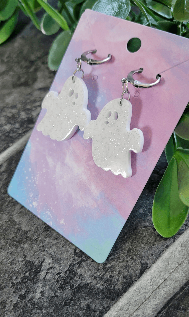 Earrings | White with Silver Glitter Ghost Earrings | Stainless Steel Hooks or Hoops