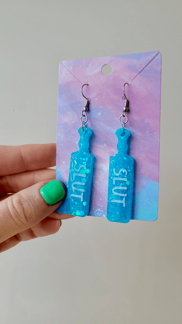 Earrings | SLUT Paddle Earrings Teal Blue Glitter | Stainless Steel Hooks