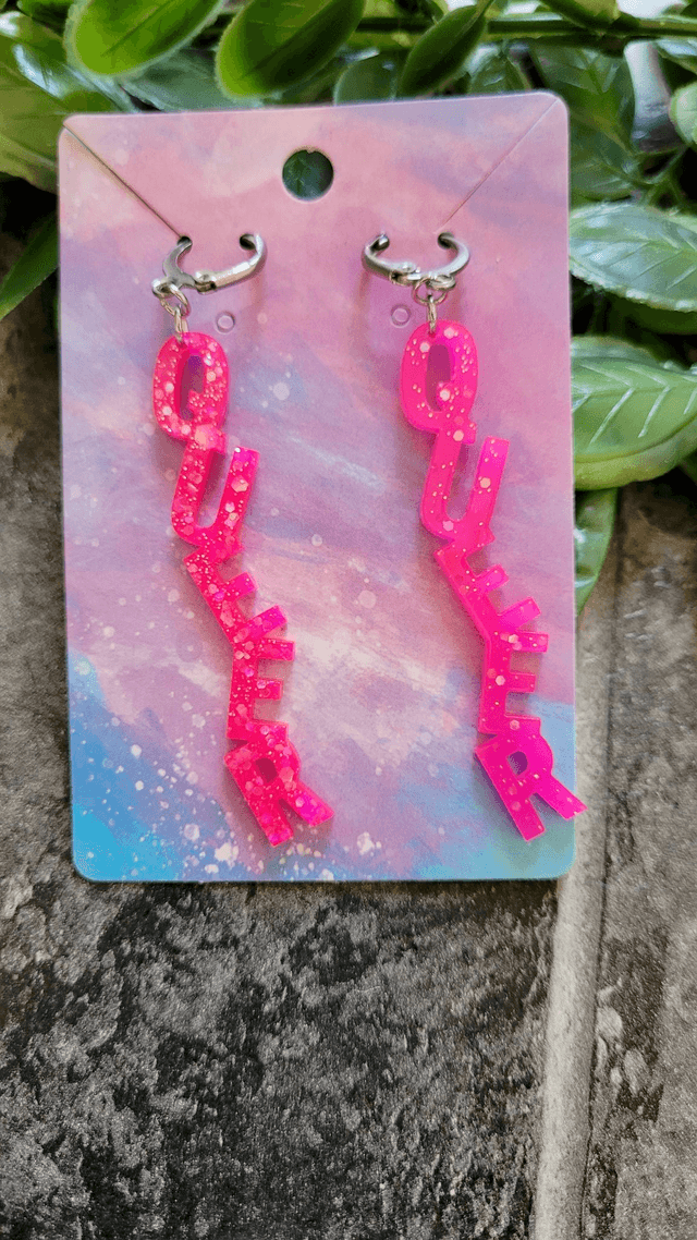 Earrings- Bright Pink Glitter QUEER Earrings | Stainless Steel Leverback Hoops