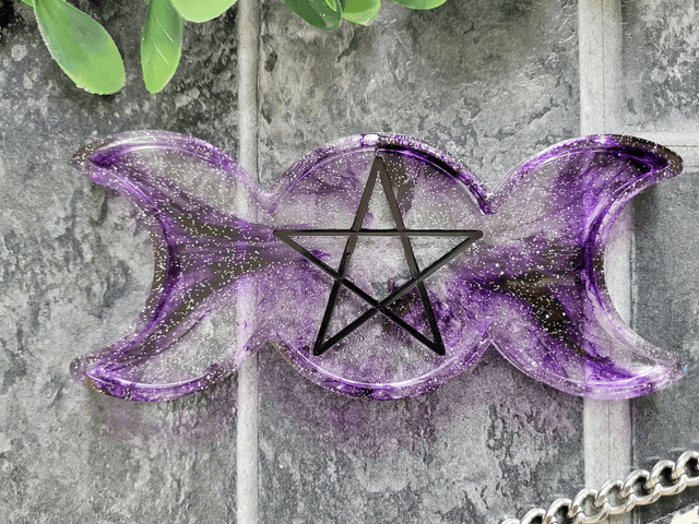 Trinket Tray - Triple Moon Phase Pentacle - Purple Swirl Glitter