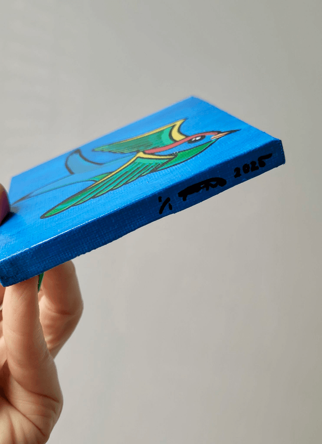 Original Mini Canvas Painting – Blue Swallow - Tattoo Style
