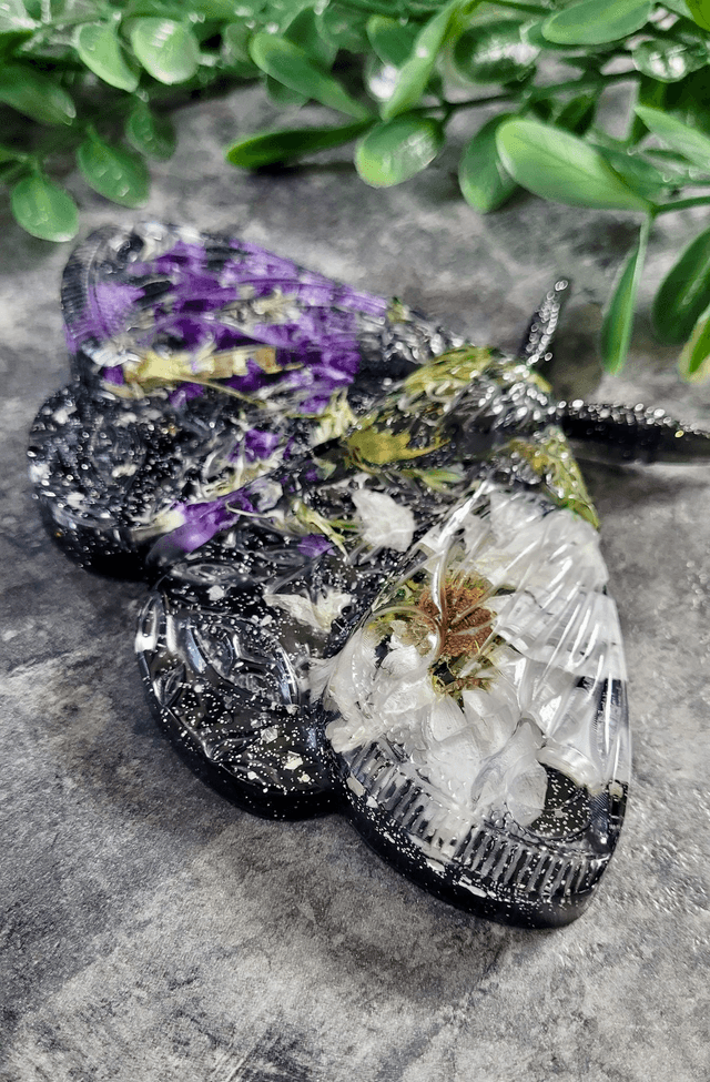 Moth Wall Hanging - Black Glitter, Real Dried Flowers