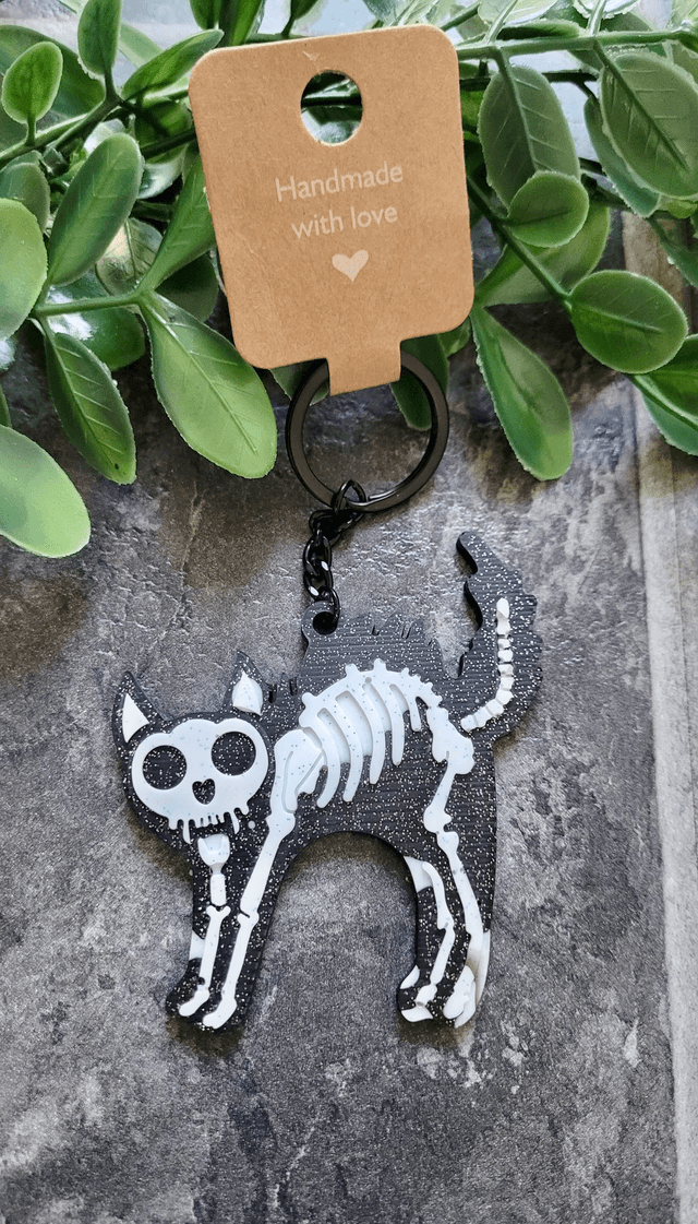 Black & White Glitter Skeleton Cat Keychain - Hellcat Keyring