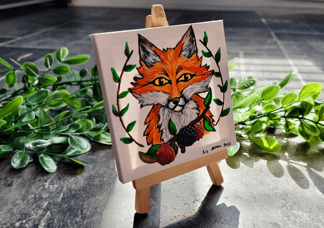 Original Mini Canvas Painting – Fox, Berries and Brambles