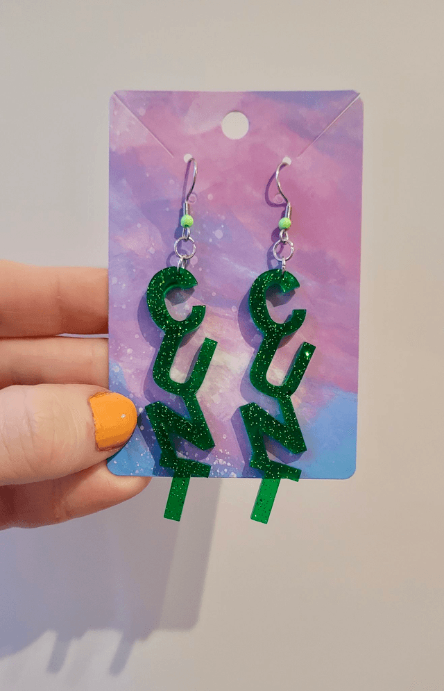 Earrings- Green Glitter CUNT Swear Earrings | Stainless Steel Shepherd Hooks