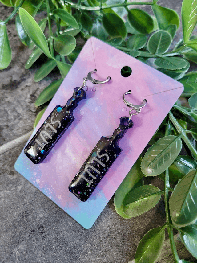Earrings | SLUT Paddle Earrings Blue Black Glitter | Stainless Steel Hoops