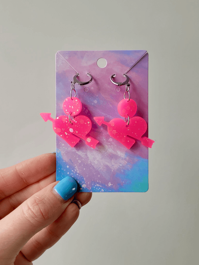 Earrings | Hot Pink Glitter Heart and Arrow | Stainless Steel Hoops