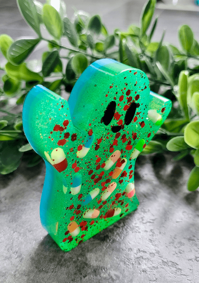 Ghost Ornament - Pilled Up - Green & Blue Glitter Ghost wil Pills & Red Glitter