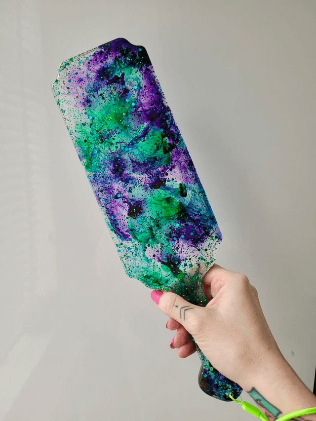 Handmade Resin Paddle – Green Purple Glitter Swirl with Neon Strap | Alt Decor or Kinky Gift