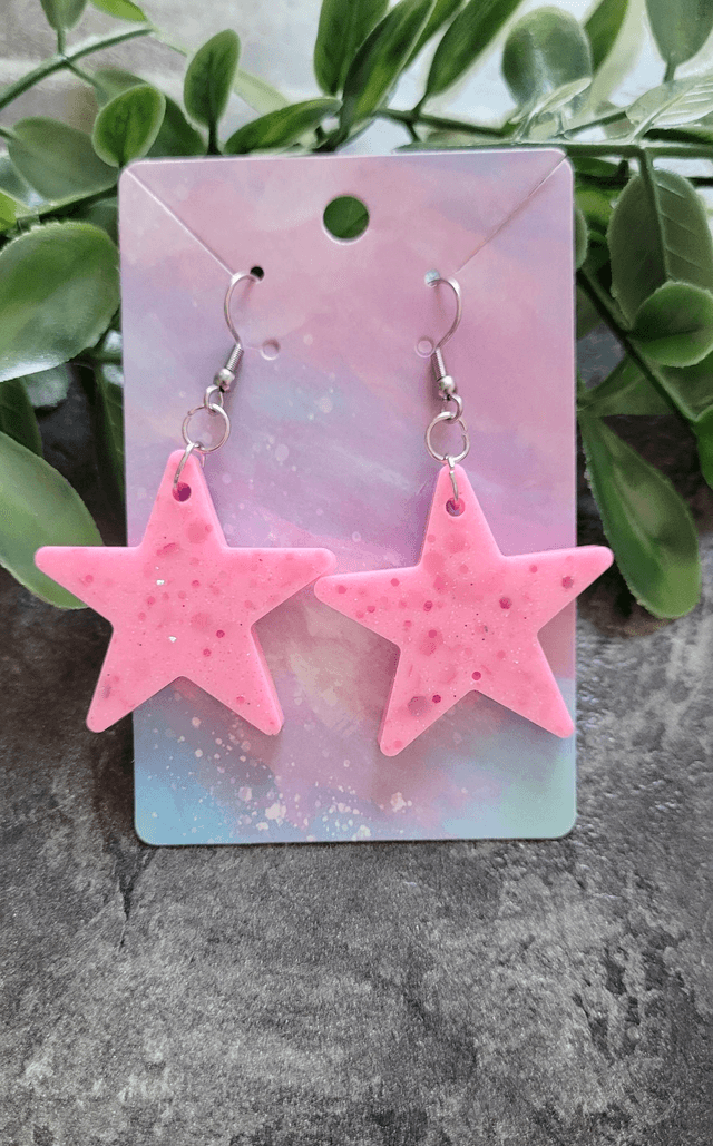 Earrings | Candy Pastel Pink Glitter Stars | Stainless Steel Hooks