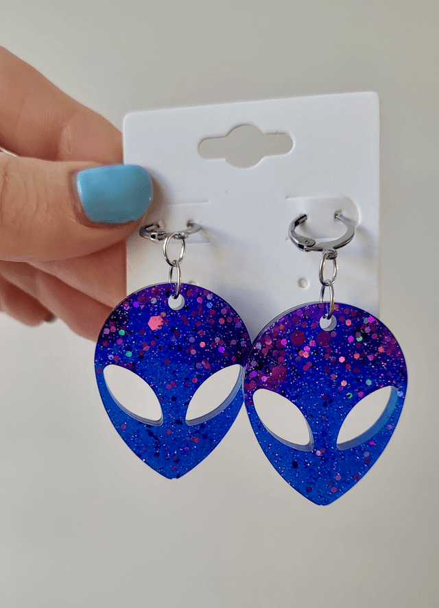 Earrings | Purple - Blue Glitter Alien Head | Stainless Steel Hoops