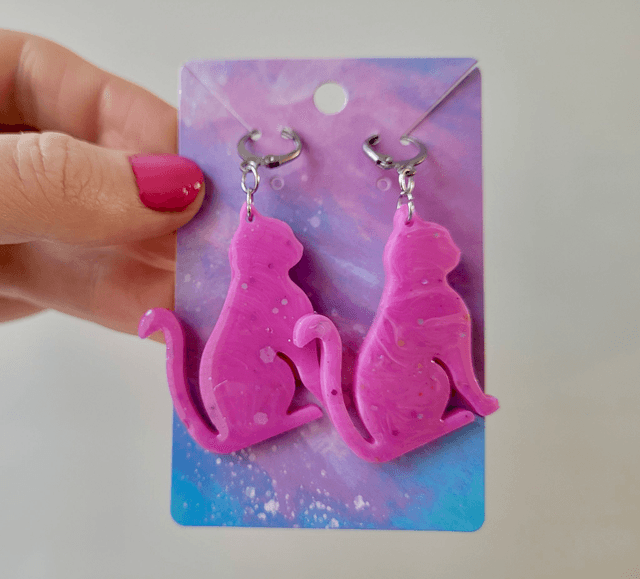 Earrings | Pink Cats - Glitter Swirl | Stainless Steel Hoops