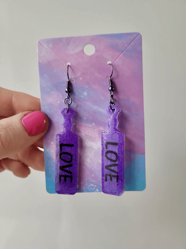 Earrings | Purple Glitter LOVE Paddle Earrings | Stainless Steel Leverback Hooks