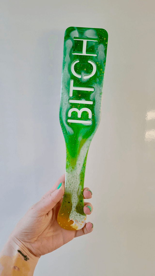 Handmade Resin Paddle – BITCH – Green & Yellow Swirl 