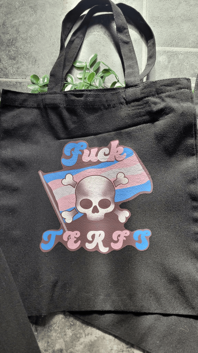 F*ck TERFs Skull, Trans Flag Pride Design | Black Tote Bag