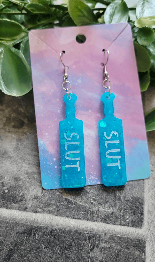 Earrings | SLUT Paddle Earrings Teal Blue Glitter | Stainless Steel Hooks