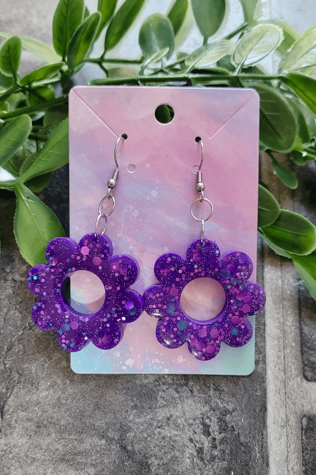 Earrings | Purple Glitter Flowers | Stainless Steel Shepherd Hooks