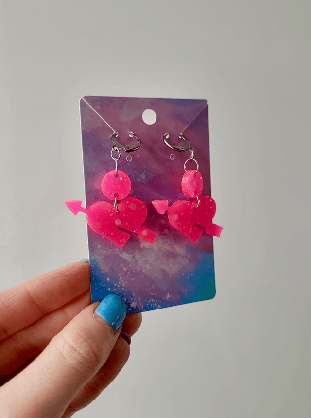 Earrings | Hot Pink Glitter Heart and Arrow | Stainless Steel Hoops