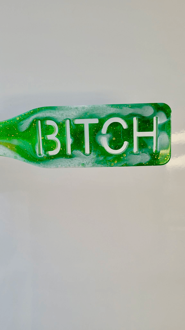 Handmade Resin Paddle – BITCH – Green & Yellow Swirl 