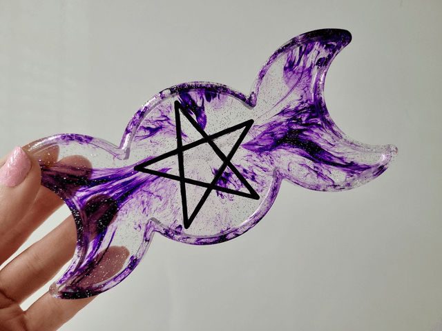Trinket Tray - Triple Moon Phase Pentacle - Purple Swirl Glitter