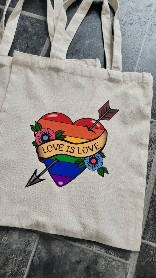 Love is Love Rainbow Pride Flag Heart & Scroll Tattoo Tote Bag