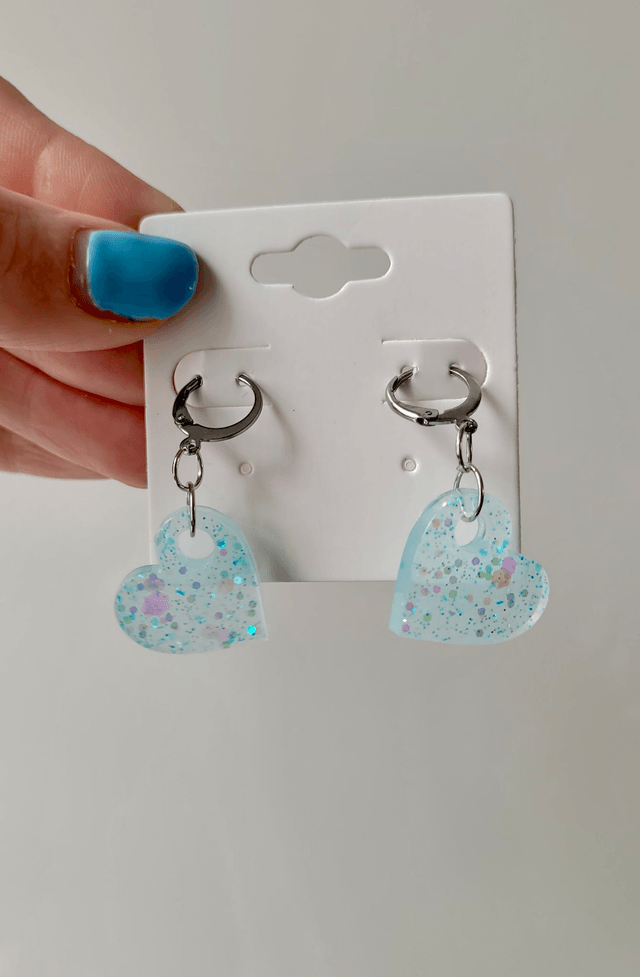 Earrings | Blue-White Glitter Hearts | Stainless Steel Hoops