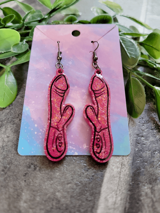 Earrings | Pink Glitter Rabbit Vibrator Earrings | Stainless Steel Hooks
