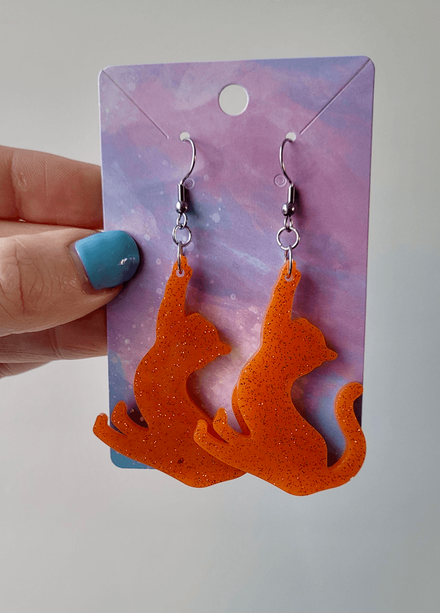 Earrings | Orange Glitter Ginger Cats Stretching | Cat Stainless Steel Hoops or Hooks