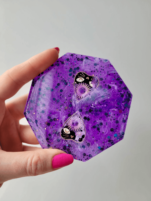 Coaster - Witchy Cat Planchette Purple Glitter Hexagon Coaster