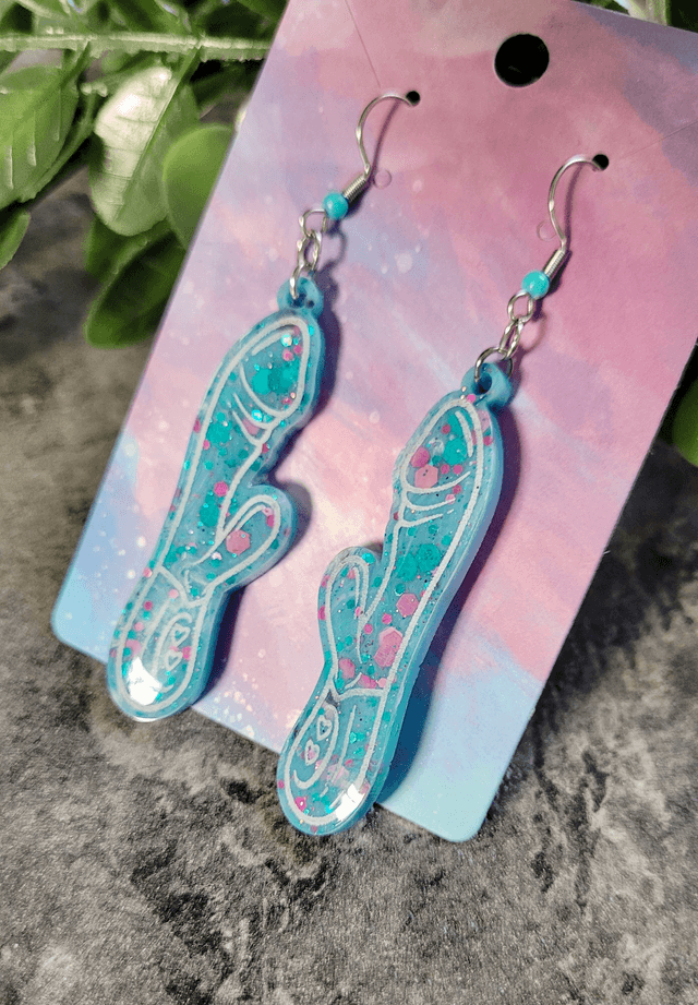 Earrings | Blue & Purple Glitter with White Outline Rabbit Vibrator Earrings | Stainless Steel Hooks & Colour Bead